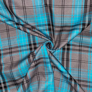 1 mètre de tissu tartan poly viscose bleu sarcelle/gris 58 pouces de large