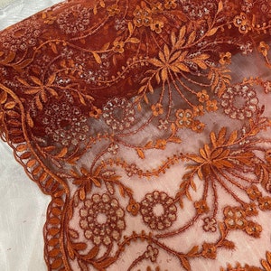 Orange Net Fabric Lace Trim With Floral Embroidery in Orange, Lace