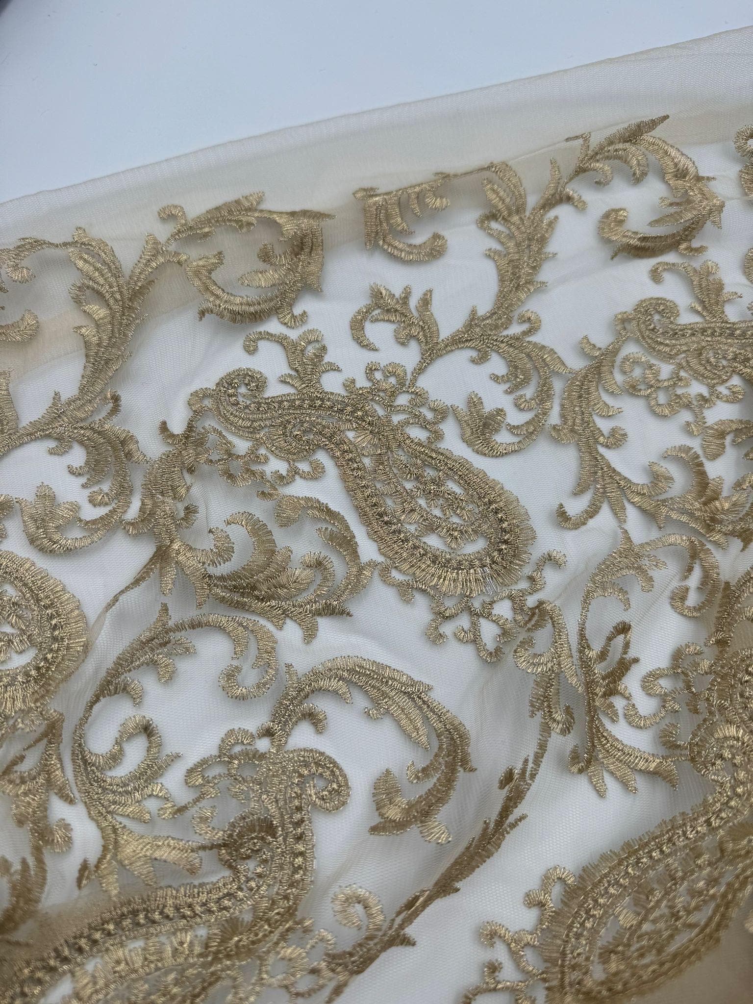 1 meter gold paisley embroidered soft bridal tulle net fabric 52” wide