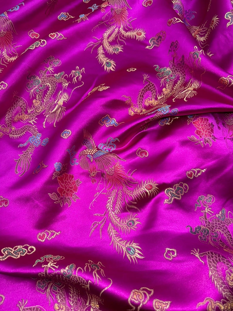 1 Meter Hot Pink/gold Oriental Dragon Silky Satin Brocade Dress Fabric