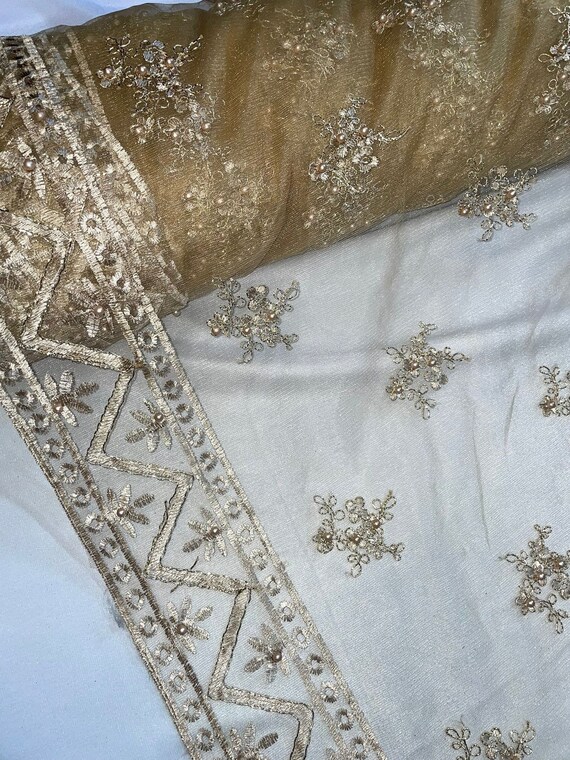Gold Pearl Lace Bordered Bridal Fabric 52'' PRICE PER METER 