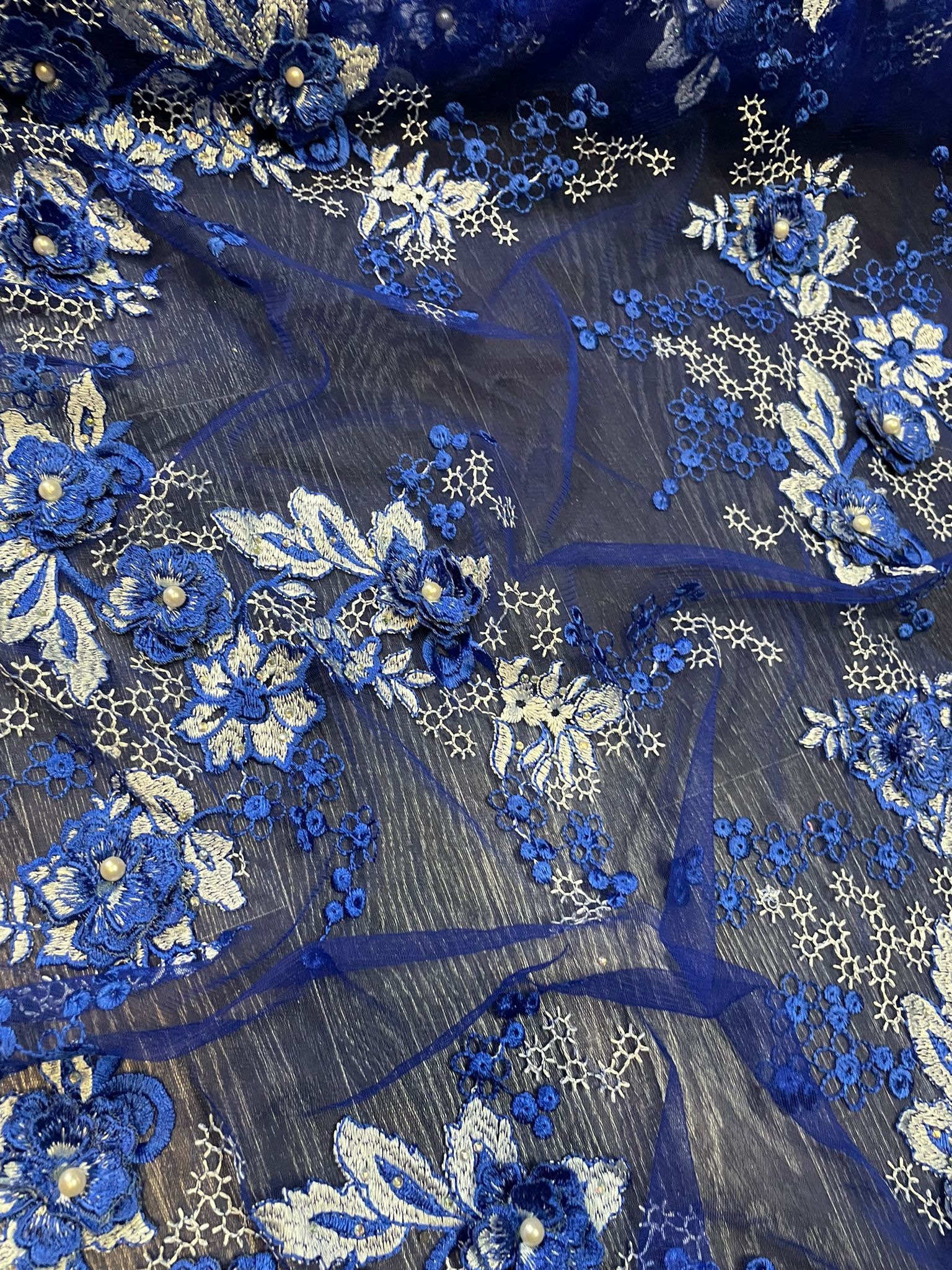 1 Meter Royal Blue 3d Embroidered Floral Pearl Bridal Tulle Net Fabric ...