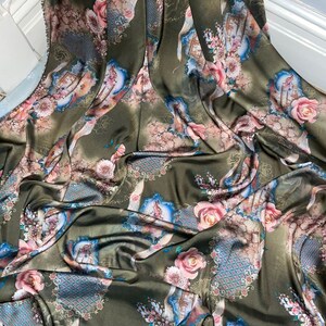 1 meter olive green silky soft floral lightweight printed charmeuse satin fabric 58” wide