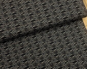 May include: A folded piece of fabric with a repeating wave pattern. The fabric is black with white, curved lines creating the wave design. The fabric is likely used for sewing projects, such as clothing or home decor.