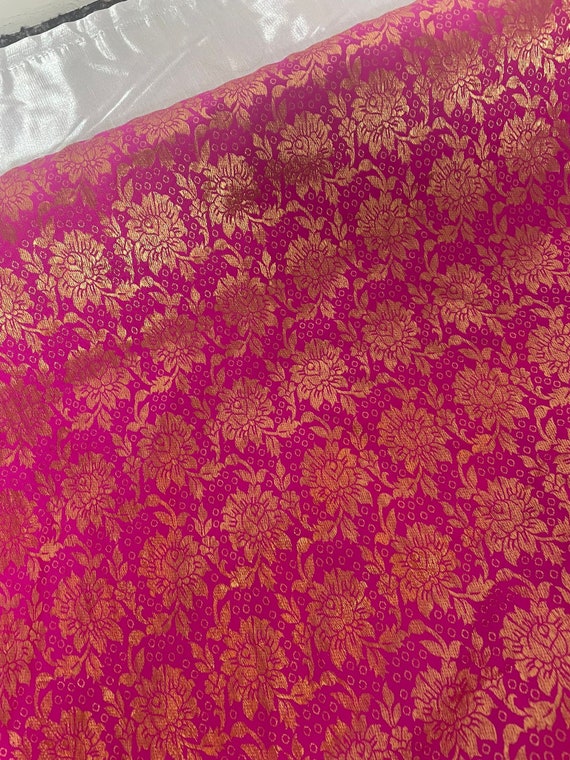 Purple Pink Gold Floral Print Banarasi Brocade Fabric 45'' PRICE PER METER 