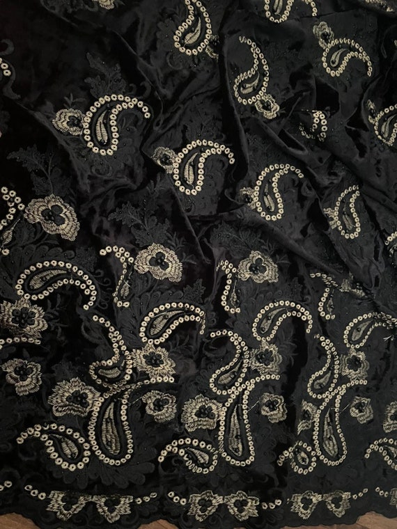 1 Meter Black Paisley Embroidered Pearl Beaded Velvet Dress