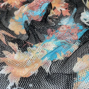 1 meter black/multi coloured tie dye mesh fishnet stretch fabric 58” wide