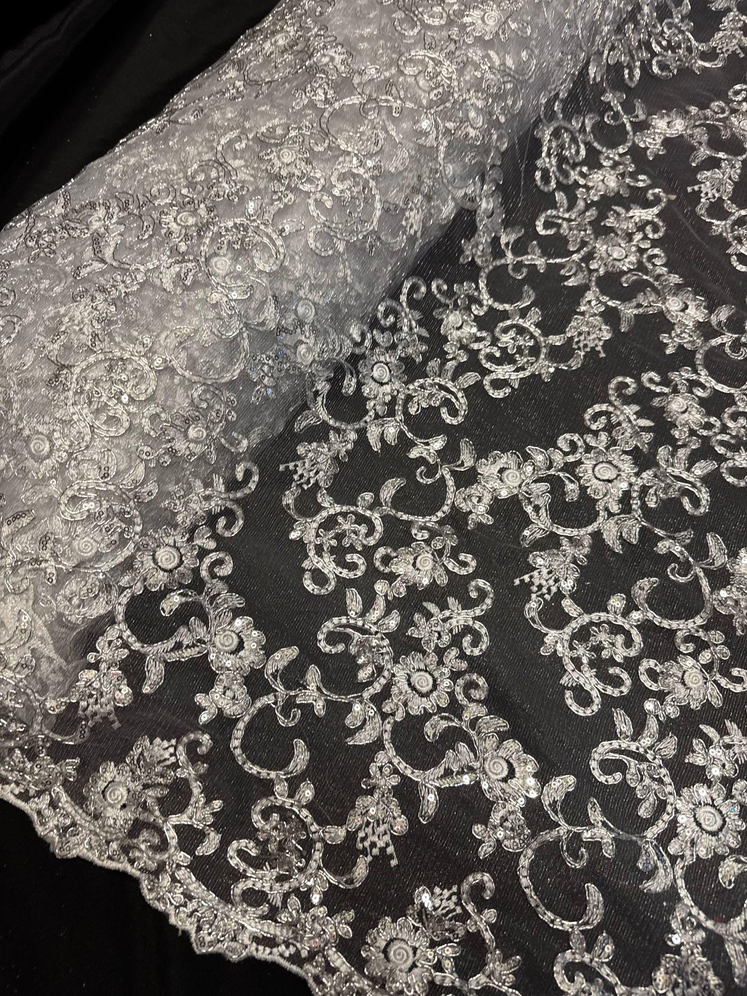1 meter white floral metallic sequin embroidered scalloped bridal tulle net fabric 52” wide