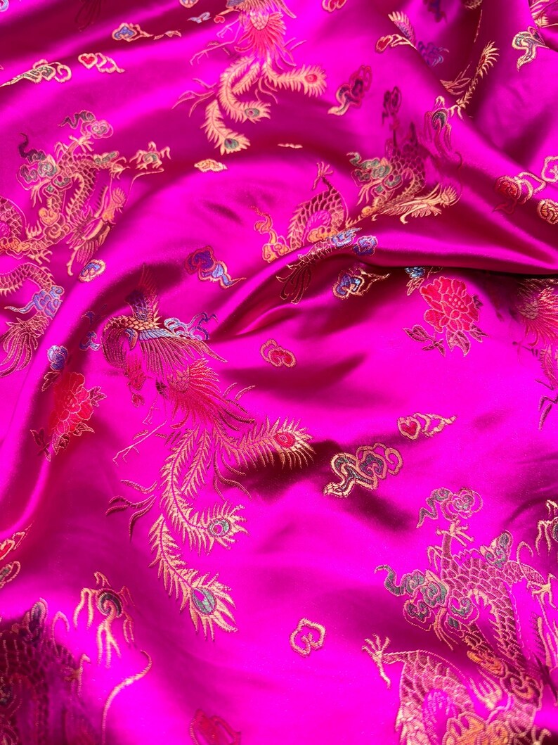 1 Meter Hot Pink/gold Oriental Dragon Silky Satin Brocade Dress Fabric
