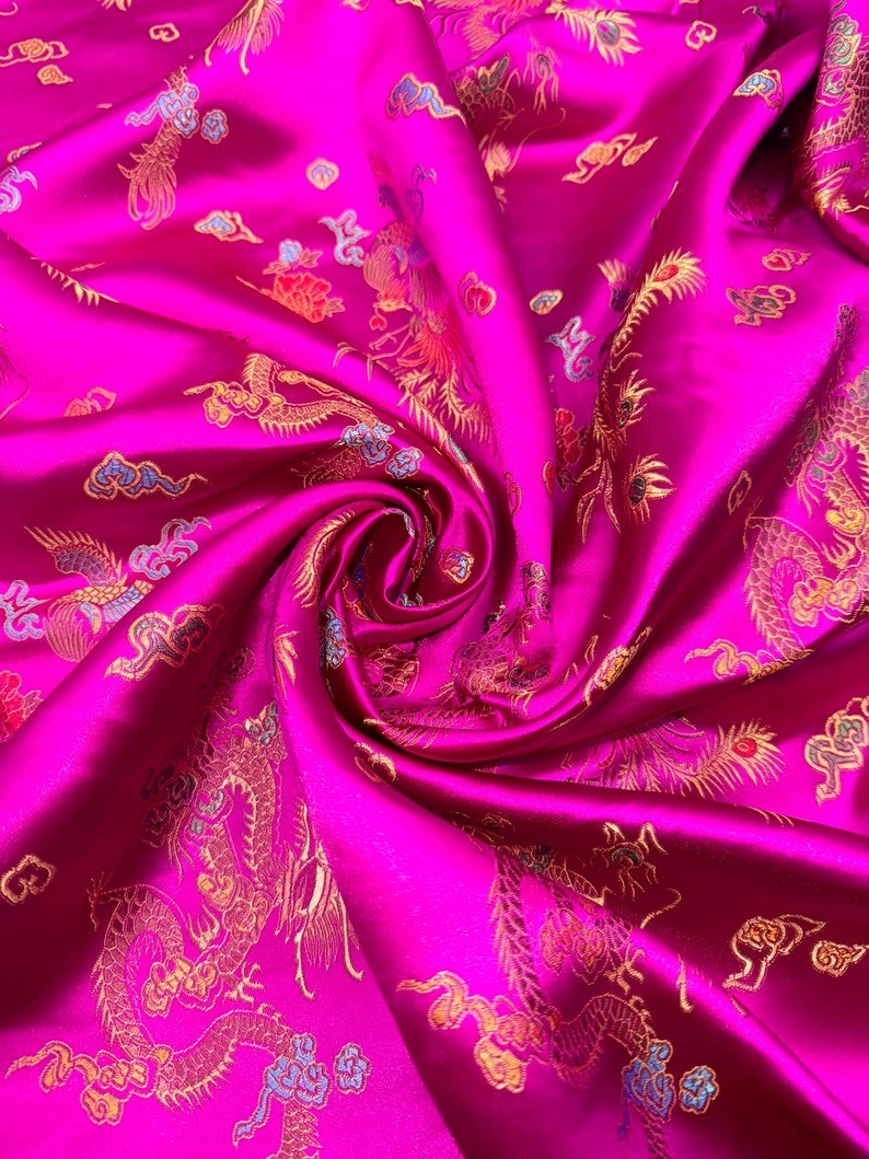 1 Meter Hot Pink/gold Oriental Dragon Silky Satin Brocade Dress Fabric