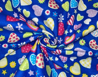 1 meter blue multi coloured heart print 100%  brushed cotton fabric 45” wide