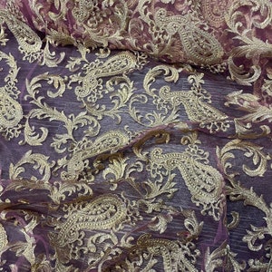 Tela de tul para novia bordada con estampado paisley rosa de 1 metro y 52&quot; de ancho