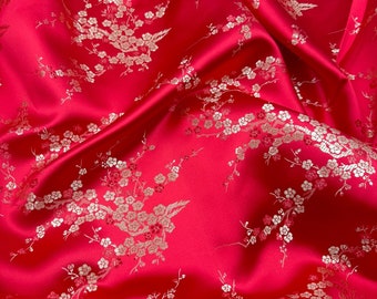 1 meter red/gold chinese blossom Silky Satin Brocade dress fabric 45" wide