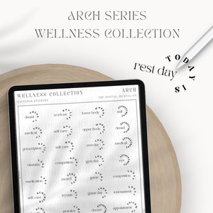 Op de afbeelding: Een digitaal planner-scherm met een set zwarte en witte ronde stickers met tekst zoals "workout", "onderlichaam", "rustdag", "sportschool", "speeldag", "afspraak", "journaling" en "zelfzorg". De stickers zijn ontworpen voor gebruik met de Goodnotes-app.