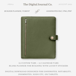 Puede incluir: Un planificador digital verde con cierre de cremallera y un botón dorado. El planificador está diseñado para Goodnotes, Notability, Zoomnotes, Xodo y otras aplicaciones para tomar notas. Incluye 15 pestañas personalizadas y 15 pestañas de calendario. El planificador está en blanco y se puede utilizar para construir con pegatinas de diseño.