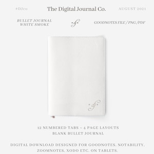 Peut inclure: Un carnet numérique blanc avec 12 onglets numérotés et 4 mises en page. Le carnet est conçu pour Goodnotes, Notability, Zoomnotes, Xodo et d'autres applications de prise de notes sur tablettes. Le texte "The Digital Journal Co." et "August 2021" est en haut de l'image.