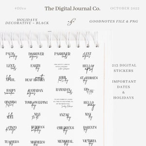 May include: A black and white digital planner sticker set with 213 stickers featuring important dates and holidays throughout the year. The stickers include holidays like Passover, Ramadan, Easter, and Mother's Day.