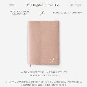 Puede incluir: Un diario digital de viñetas con 12 pestañas numeradas y 4 diseños de página. El diario está diseñado para Goodnotes, Notability, Zoomnotes, Xodo y otras aplicaciones de toma de notas en tabletas. La portada es de color rosa claro con un diseño decorativo.