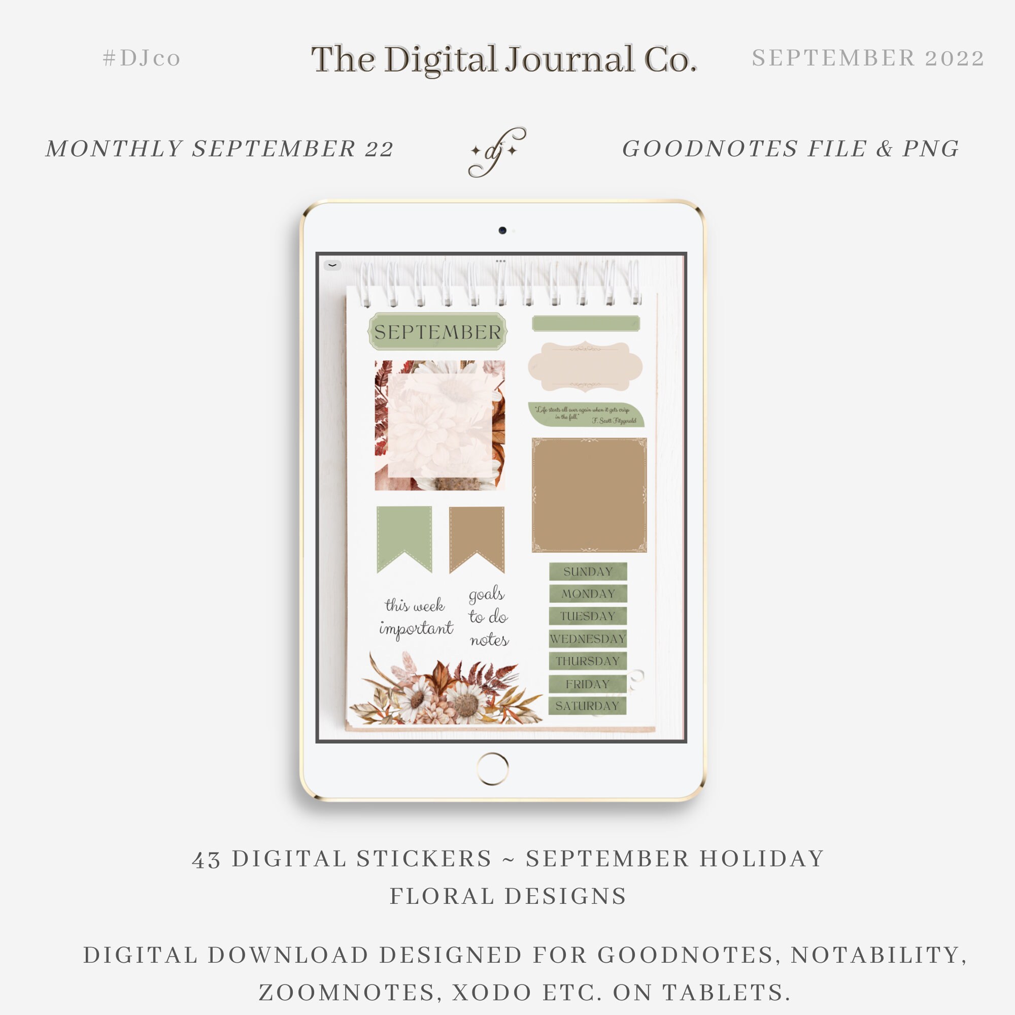 Monthly September 22 43 Djco digital Stickers, Planner Stickers, Date ...