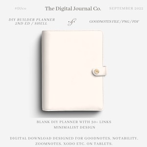 Puede incluir: Un planificador digital blanco con un botón dorado y el texto "BLANK DIY PLANNER WITH 30+ LINKS MINIMALIST DESIGN" y "DIGITAL DOWNLOAD DESIGNED FOR GOODNOTES, NOTABILITY, ZOOMNOTES, XODO ETC. ON TABLETS."