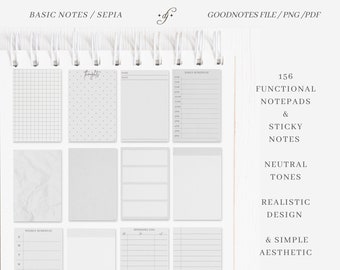 Functional Notepads & Sticky Notes / Grayscale / 156 ~ DJco (digital stickers, planner stickers, goodnotes file, ipad, precropped png)