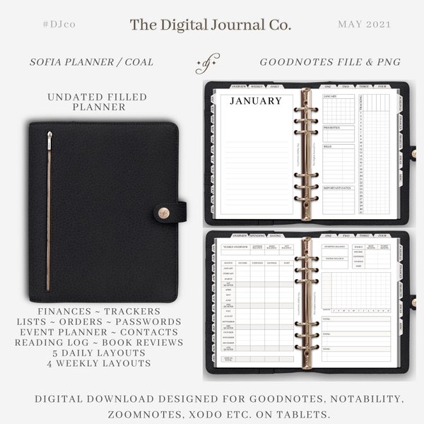 Sofia / Planner / Coal ~ DJco (digital planner, notebook, stickers, goodnotes, ipad, bullet journal, linked tabs)