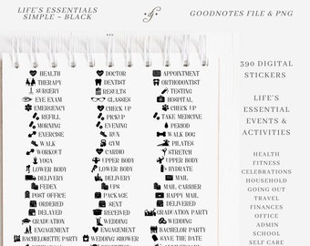 Life Essentials - Simple - Black - 390 ~ DJco (digital stickers, planner stickers, icon stickers, health fitness travel finances, goodnotes)