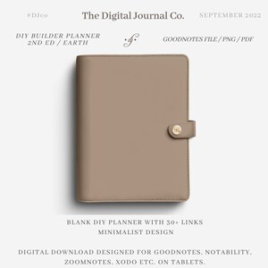 May include: A brown leather-bound planner with a gold button and the text "The Digital Journal Co." and "SEPTEMBER 2022". The planner is a digital download designed for Goodnotes, Notability, Zoomnotes, Xodo, and other note-taking apps.
