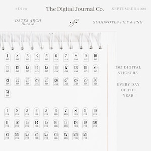 May include: A set of 30 digital planner stickers for Goodnotes featuring dates for January and February. The stickers are white with black text and are in the shape of a rounded rectangle. The text "365 Digital Stickers" and "Every Day of the Year" is also included in the image.