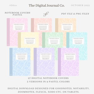 May include: 27 digital notebook covers in 9 pastel colors. The covers feature a classic notebook design with a subtle pattern. The text on the covers reads "Composition Notebook".