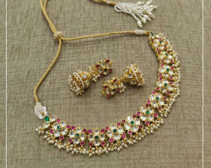 Handmade Kundan Choker Necklace Earrings Set, Indian Bridal Jewelry