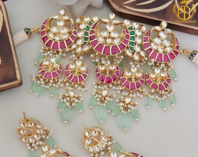 Kundan Choker Necklace, Chandbali Earrings, 22K Gold Plated Indian Jewelry