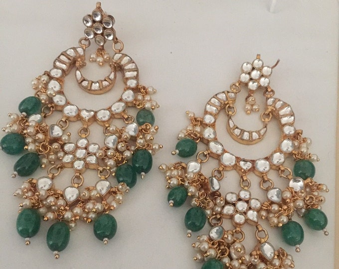 Kundan Chandbali Earrings, Green Indian Jewelry, Gold Plated
