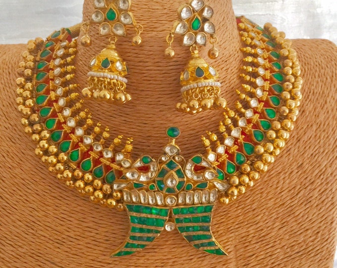 Gold Plated Kundan Choker Necklace Set, Green Tussi, South Indian Jewelry