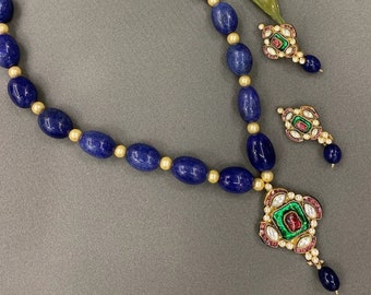 Kundan Jewelry Blue Necklace Indian Jewelry Gold Plated Heritage Handmade Ethnic Wedding Jewellery Set with Stylist Ethnic Earrings