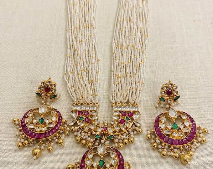 Handmade Kundan Ranihaar Necklace with Chandbali Earrings, Bridal Jewelry