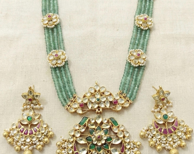 Handmade Kundan Bridal Jewelry Set, 22k Gold Plated Long Wedding Necklace Earrings