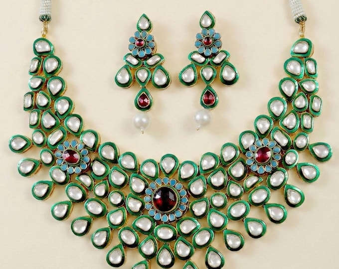 Kundan Jewellery Choker Necklace Set | Green Enamel Indian Handmade Earrings