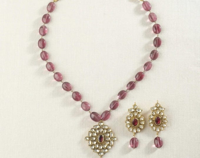Handmade 925 Silver Kundan Jewelry Set, Pink Rhodolite, Indian Bridal Necklace