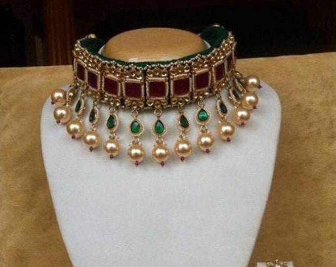Handmade Kundan Choker Necklace Set, Indian Bridal Jewelry