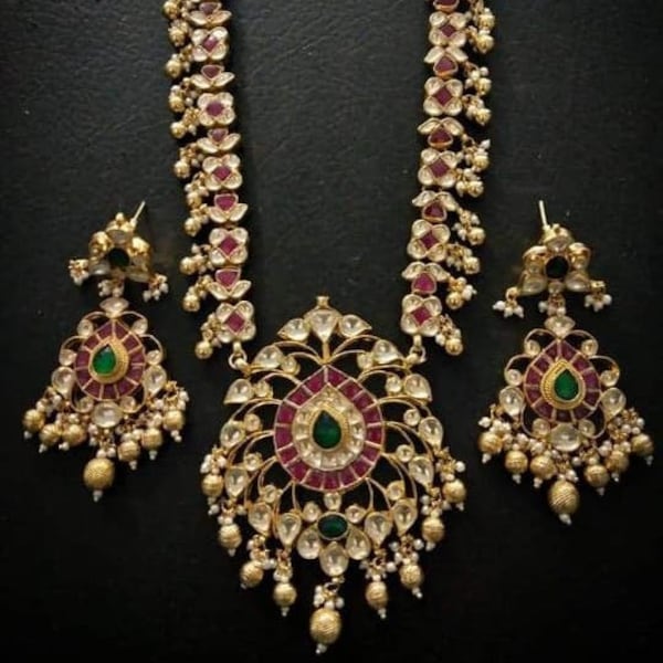 Joyería Kundan, collar largo Polki Ranihaar, conjuntos de joyas de boda indias chapadas en oro, joyas de moda de Bollywood, conjunto de joyas nupciales pakistaníes