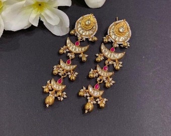 Kundan Earrings,One of a kind fashion statement Dangler Earrings,Gold Finish Kundan Jewelry,South Indian Earrings,Chandbali