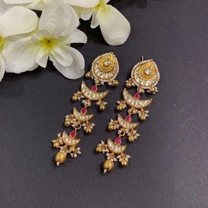 Kundan Earrings,One of a kind fashion statement Dangler Earrings,Gold Finish Kundan Jewelry,South Indian Earrings,Chandbali