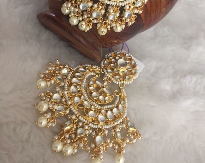 Handmade Kundan Chandbali Earrings with Pearls, Indian Bridal Jewelry