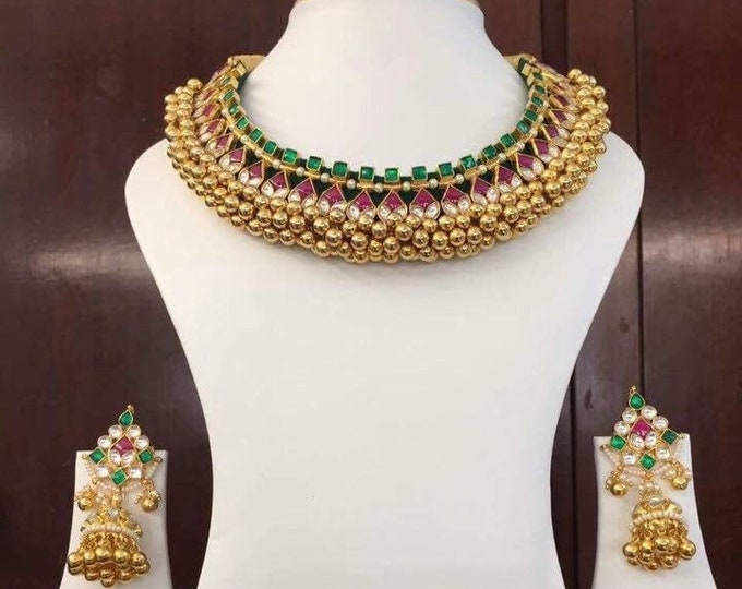 Kundan Choker Necklace Earring Set, South Indian Bridal Jewelry