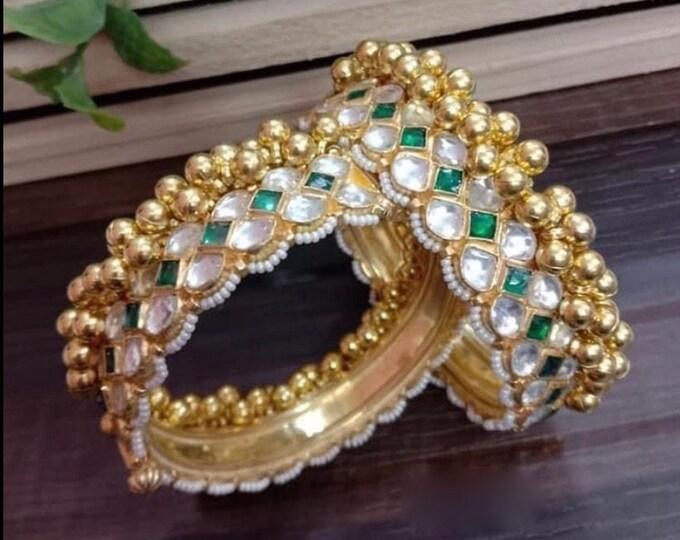 Handmade 22k Gold Plated Kundan Bangles, Indian Bridal Jewelry