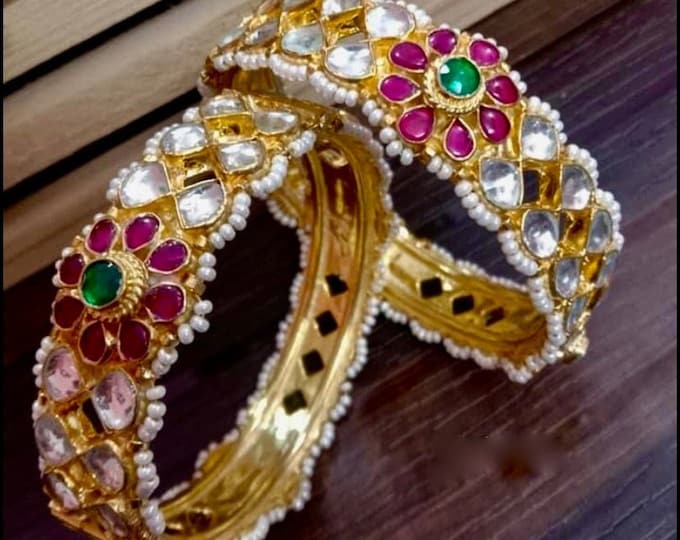 Handmade Kundan Bangles, Gold Finish Bridal Bracelets, Indian Heritage Jewelry