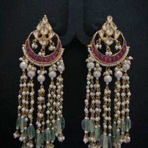 Kundan Earrings Chandbali with Pearl Hangings, Gold Plated Indian Traditional Earring, Handmade Kundan Jewelry, Best Christmas Gift for Her
