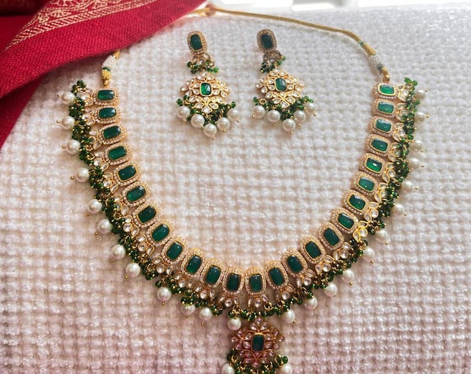 Kundan Jewelry Set, Green Polki Choker Necklace, Gold Finish Earrings with Pearls