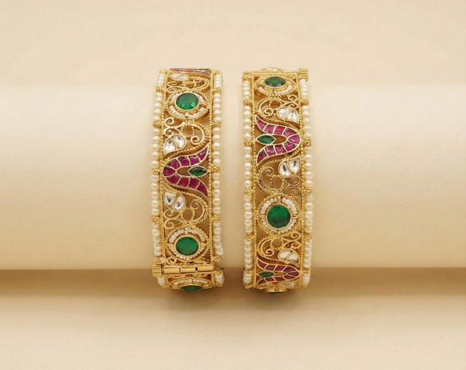 Gold Plated Kundan Bangles, Indian Wedding Bracelets, Handcrafted Bridal Jewelry